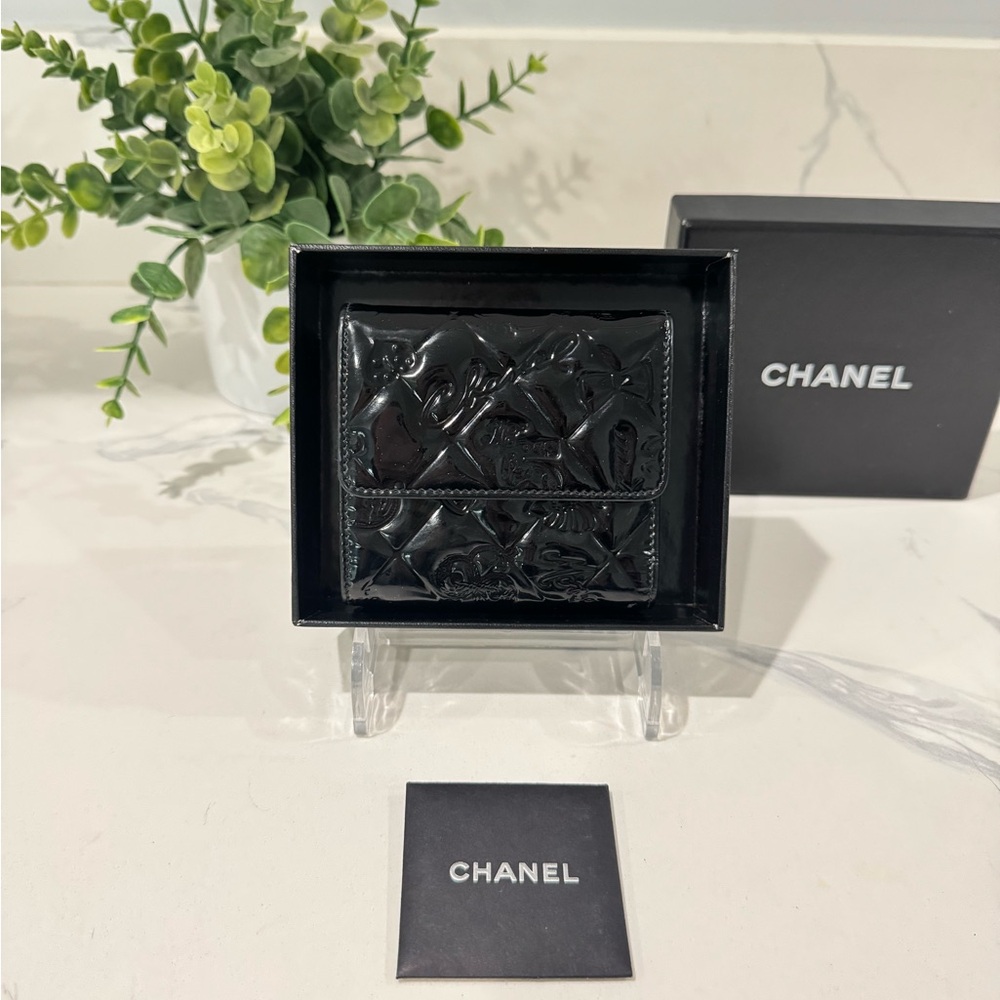 Authentic Chanel Black Patent Leather Lucky Charm Quilted Wallet